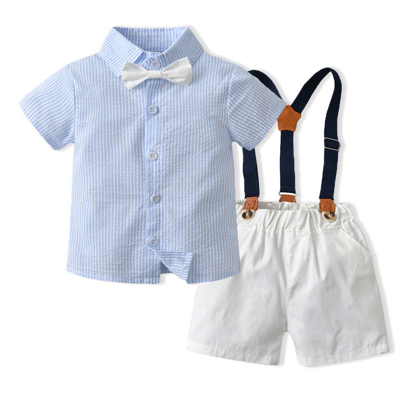 2 Pieces Set Baby Kid Boys Striped Bow Shirts And Solid Color Rompers Wholesale 230308426