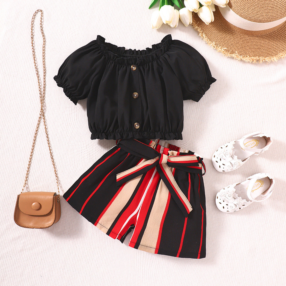 2 Pieces Set Baby Kid Girls Solid Color Tops And Striped Shorts Wholesale 230308427