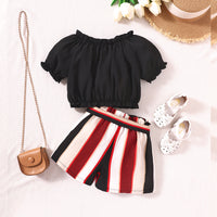 Load image into Gallery viewer, 2 Pieces Set Baby Kid Girls Solid Color Tops And Striped Shorts Wholesale 230308427
