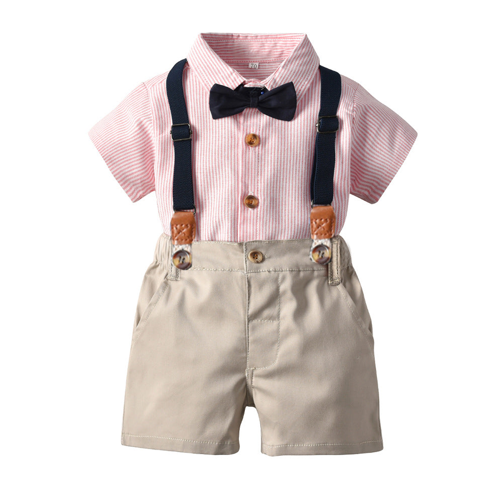 2 Pieces Set Baby Kid Boys Dressy Striped Bow Shirts And Solid Color Rompers Wholesale 230308468