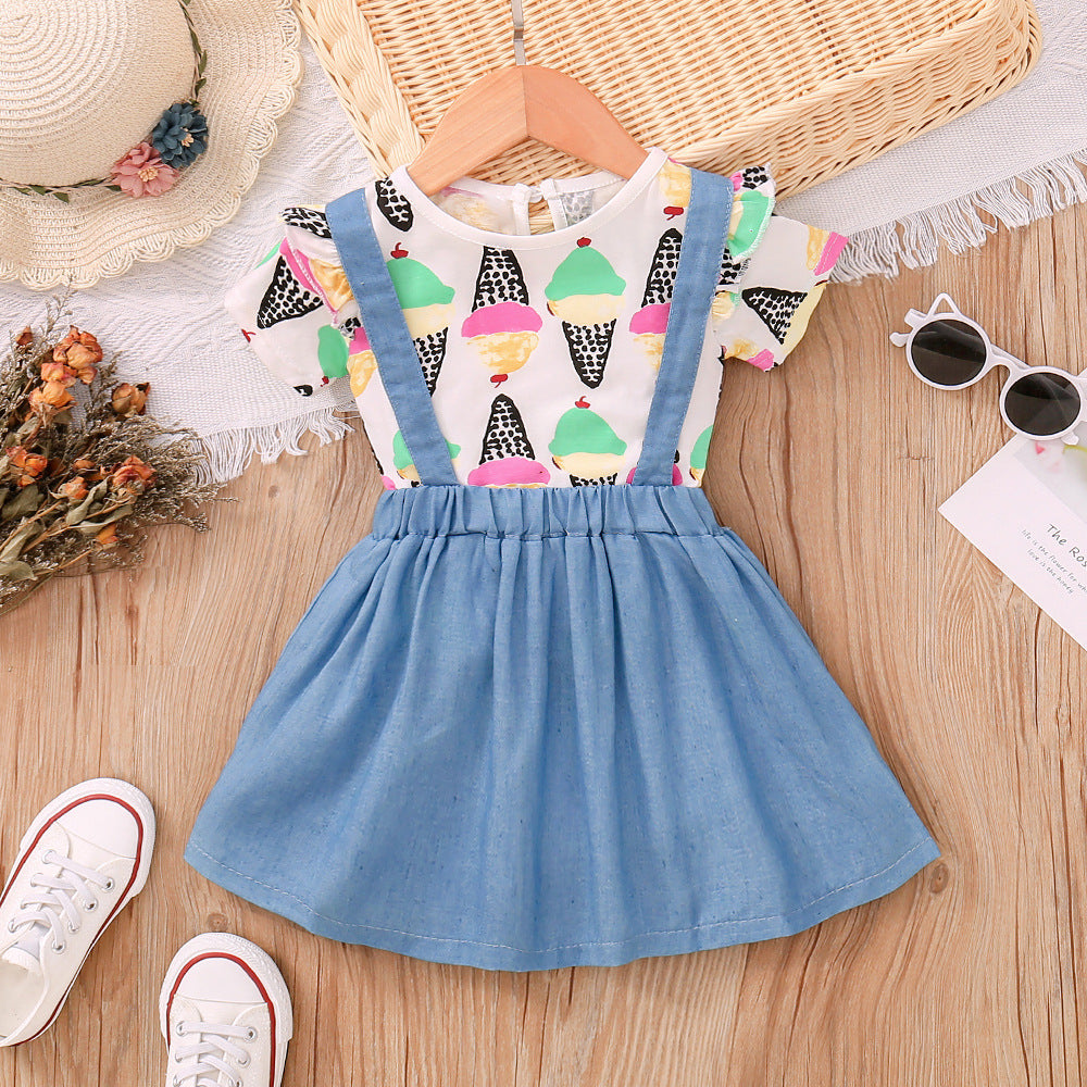 2 Pieces Set Baby Kid Girls Print T-Shirts And Solid Color Dresses Wholesale 230308471