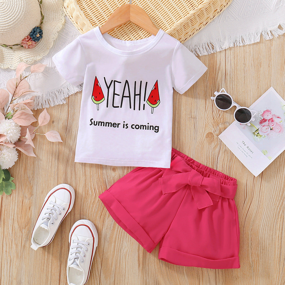 2 Pieces Set Baby Kid Girls Letters Fruit Cartoon Print T-Shirts And Solid Color Shorts Wholesale 230308481