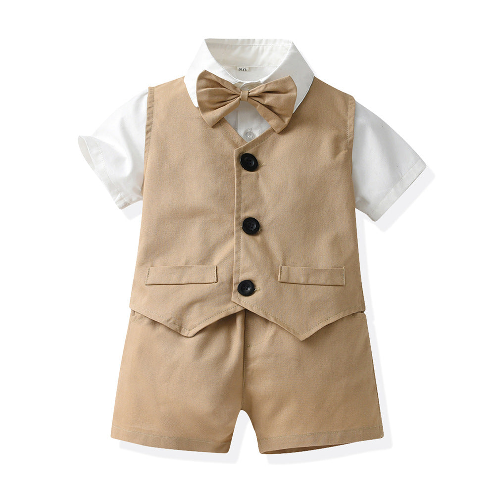 3 Pieces Set Baby Kid Boys Birthday Party Bow Shirts Solid Color Checked Vests Waistcoats And Shorts Wholesale 230308484