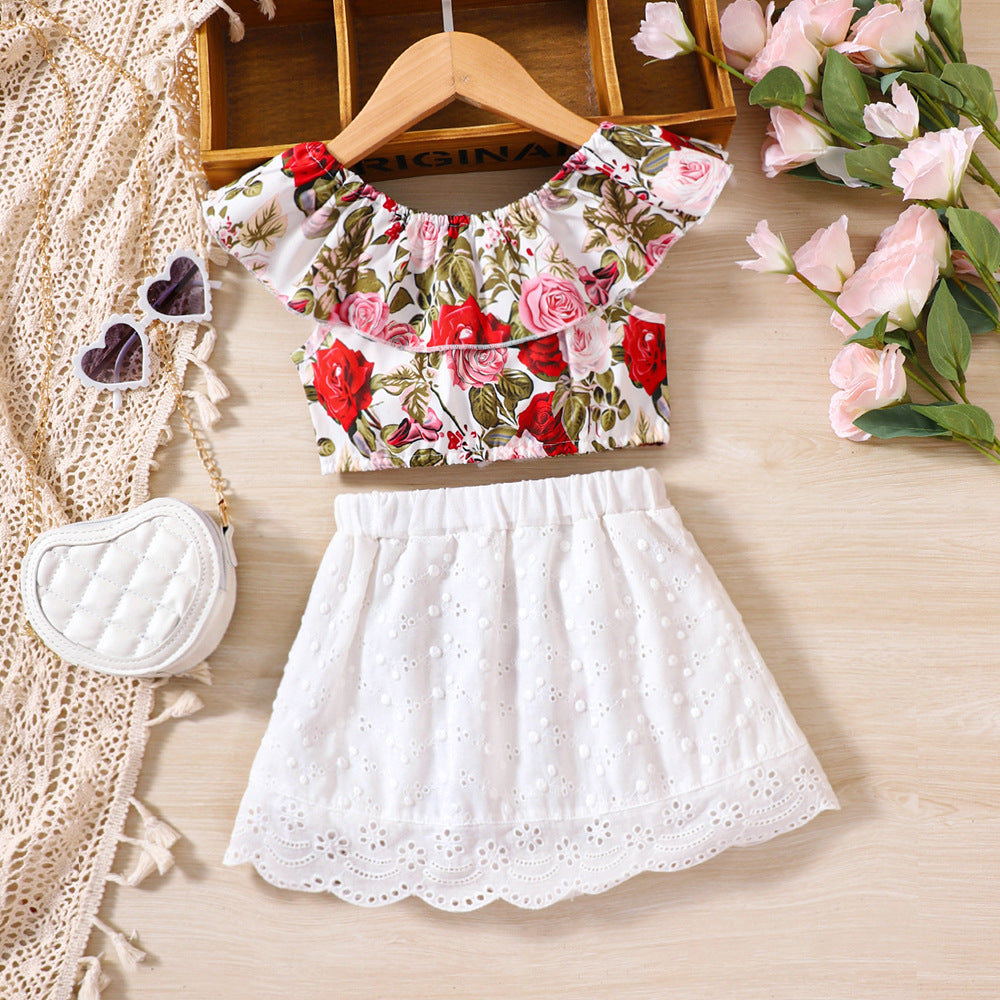 2 Pieces Set Baby Kid Girls Flower Print Tops And Embroidered Skirts Wholesale 230308507