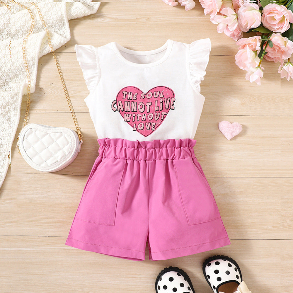 2 Pieces Set Baby Kid Girls Letters Love heart Print Tops And Solid Color Shorts Wholesale 230308520