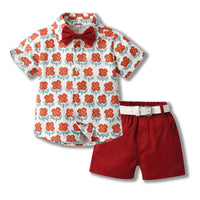 Load image into Gallery viewer, 2 Pieces Set Baby Kid Boys Birthday Flower Bow Print Shirts And Solid Color Ribbon Shorts Wholesale 230308522
