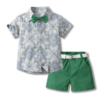 Load image into Gallery viewer, 2 Pieces Set Baby Kid Boys Birthday Flower Bow Print Shirts And Solid Color Ribbon Shorts Wholesale 230308522
