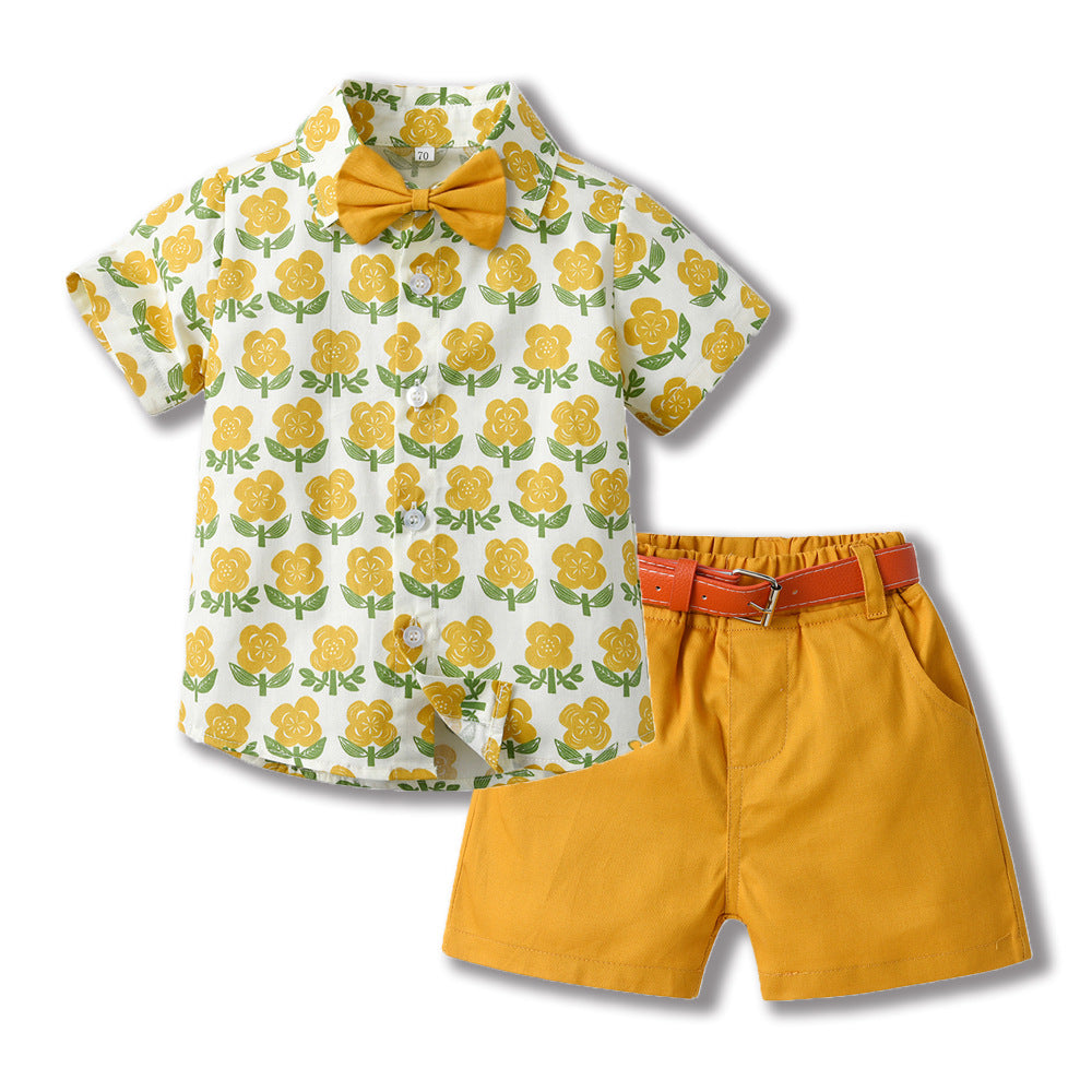 2 Pieces Set Baby Kid Boys Birthday Flower Bow Print Shirts And Solid Color Ribbon Shorts Wholesale 230308522