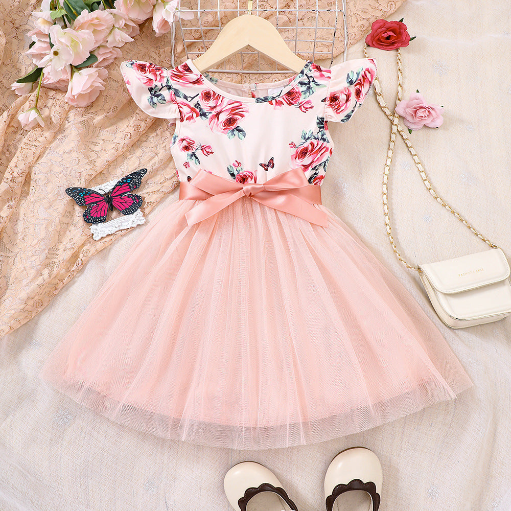 Baby Kid Girls Color-blocking Flower Bow Lace Print Dresses Wholesale 230308546