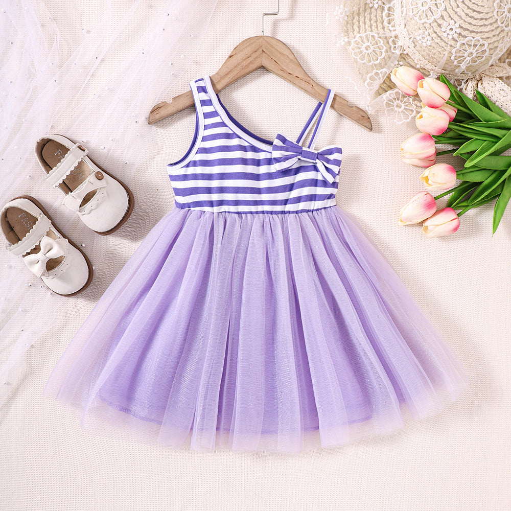 Baby Kid Girls Striped Color-blocking Lace Dresses Wholesale 230308550