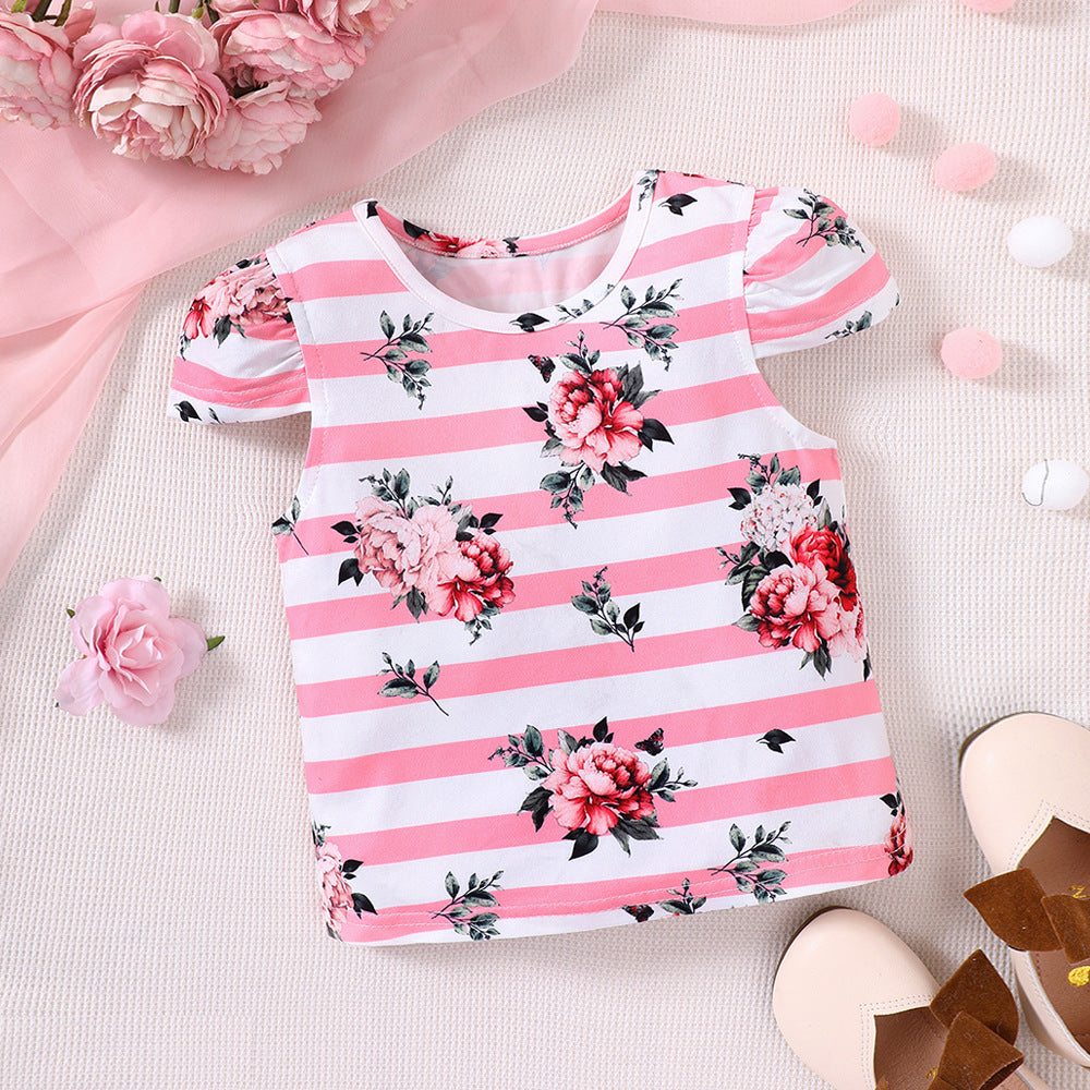 Baby Kid Girls Striped Flower Print Tops Wholesale 230308582