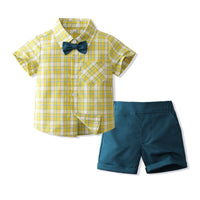 Load image into Gallery viewer, 2 Pieces Set Baby Kid Boys Dressy Checked Bow Shirts And Solid Color Shorts Wholesale 230308587
