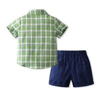 Load image into Gallery viewer, 2 Pieces Set Baby Kid Boys Dressy Checked Bow Shirts And Solid Color Shorts Wholesale 230308587
