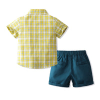 Load image into Gallery viewer, 2 Pieces Set Baby Kid Boys Dressy Checked Bow Shirts And Solid Color Shorts Wholesale 230308587
