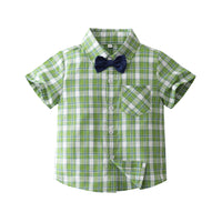 Load image into Gallery viewer, 2 Pieces Set Baby Kid Boys Dressy Checked Bow Shirts And Solid Color Shorts Wholesale 230308587
