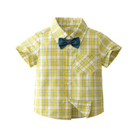 Load image into Gallery viewer, 2 Pieces Set Baby Kid Boys Dressy Checked Bow Shirts And Solid Color Shorts Wholesale 230308587
