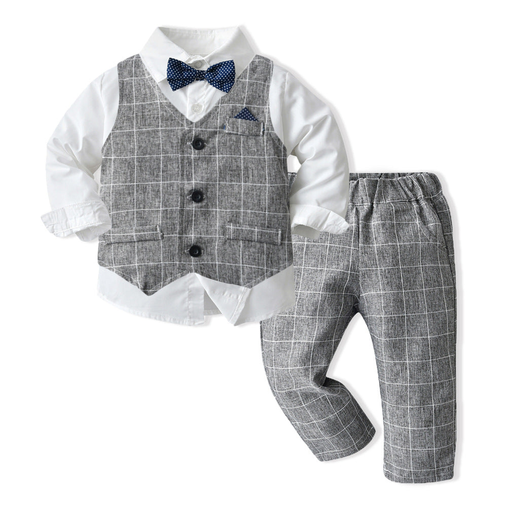 3 Pieces Set Baby Kid Boys Dressy Checked Vests Waistcoats And Solid Color Bow Shirts And Pants Suits Wholesale 230308592