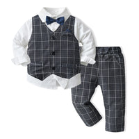 Load image into Gallery viewer, 3 Pieces Set Baby Kid Boys Dressy Checked Vests Waistcoats And Solid Color Bow Shirts And Pants Suits Wholesale 230308592
