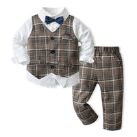 Load image into Gallery viewer, 3 Pieces Set Baby Kid Boys Dressy Checked Vests Waistcoats And Solid Color Bow Shirts And Pants Suits Wholesale 230308592
