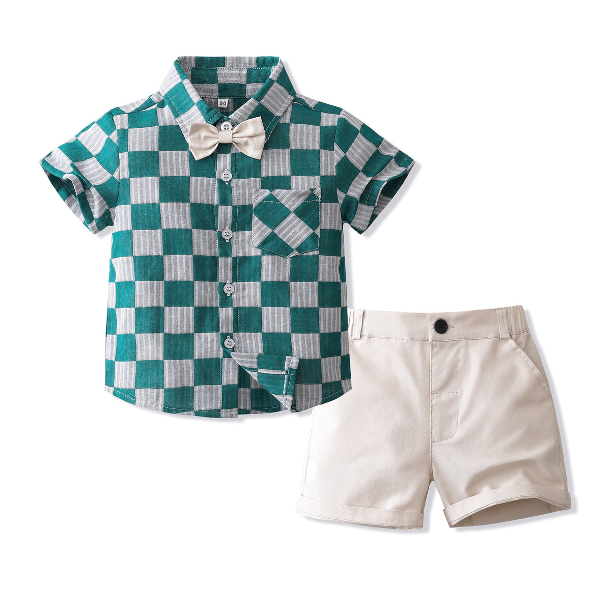 2 Pieces Set Baby Kid Boys Dressy Checked Bow Shirts And Solid Color Shorts Suits Wholesale 230308596
