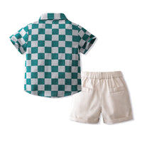 Load image into Gallery viewer, 2 Pieces Set Baby Kid Boys Dressy Checked Bow Shirts And Solid Color Shorts Suits Wholesale 230308596
