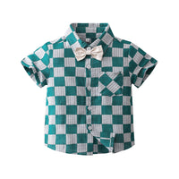 Load image into Gallery viewer, 2 Pieces Set Baby Kid Boys Dressy Checked Bow Shirts And Solid Color Shorts Suits Wholesale 230308596
