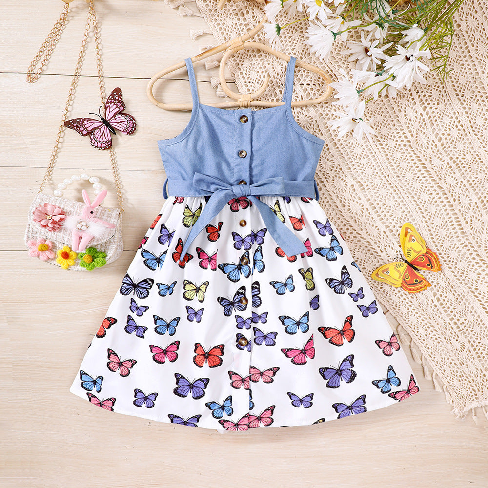 Baby Kid Girls Color-blocking Butterfly Print Dresses Wholesale 230308610