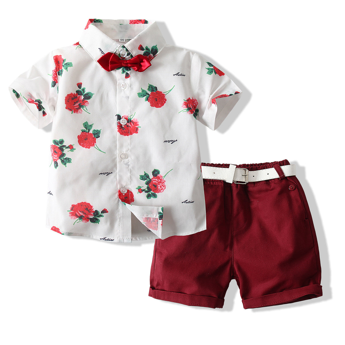 2 Pieces Set Baby Kid Boys Birthday Party Flower Bow Print Shirts And Solid Color Shorts Wholesale 23030870