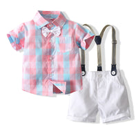 Load image into Gallery viewer, 2 Pieces Set Baby Boys Birthday Party Checked Bow Shirts And Solid Color Rompers Wholesale 23030877
