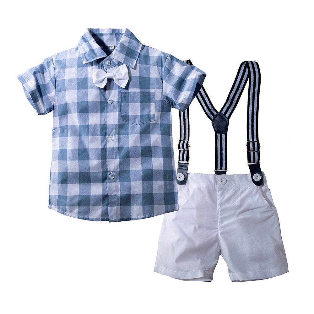 2 Pieces Set Baby Boys Birthday Party Checked Bow Shirts And Solid Color Rompers Wholesale 23030877