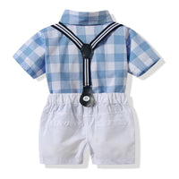 Load image into Gallery viewer, 2 Pieces Set Baby Boys Birthday Party Checked Bow Shirts And Solid Color Rompers Wholesale 23030877
