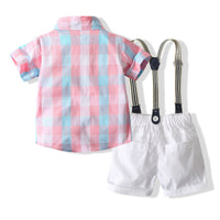 Load image into Gallery viewer, 2 Pieces Set Baby Boys Birthday Party Checked Bow Shirts And Solid Color Rompers Wholesale 23030877
