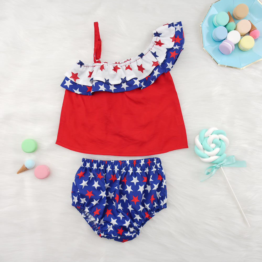 2 Pieces Set Baby Girls Independence Day Star Print Tops And Shorts Wholesale 23030882