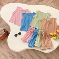 Load image into Gallery viewer, 2 Pieces Set Baby Kid Girls Solid Color Tank Tops And Shorts Wholesale 230315337
