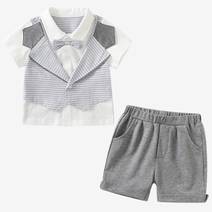 2 Pieces Set Baby Kid Boys Striped Bow Tops And Solid Color Shorts Wholesale 230315354