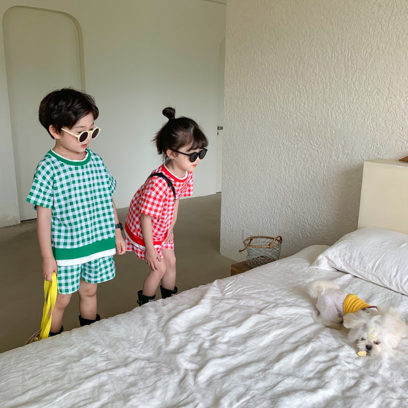 2 Pieces Set Baby Kid Unisex Checked T-Shirts And Shorts Wholesale 23031562