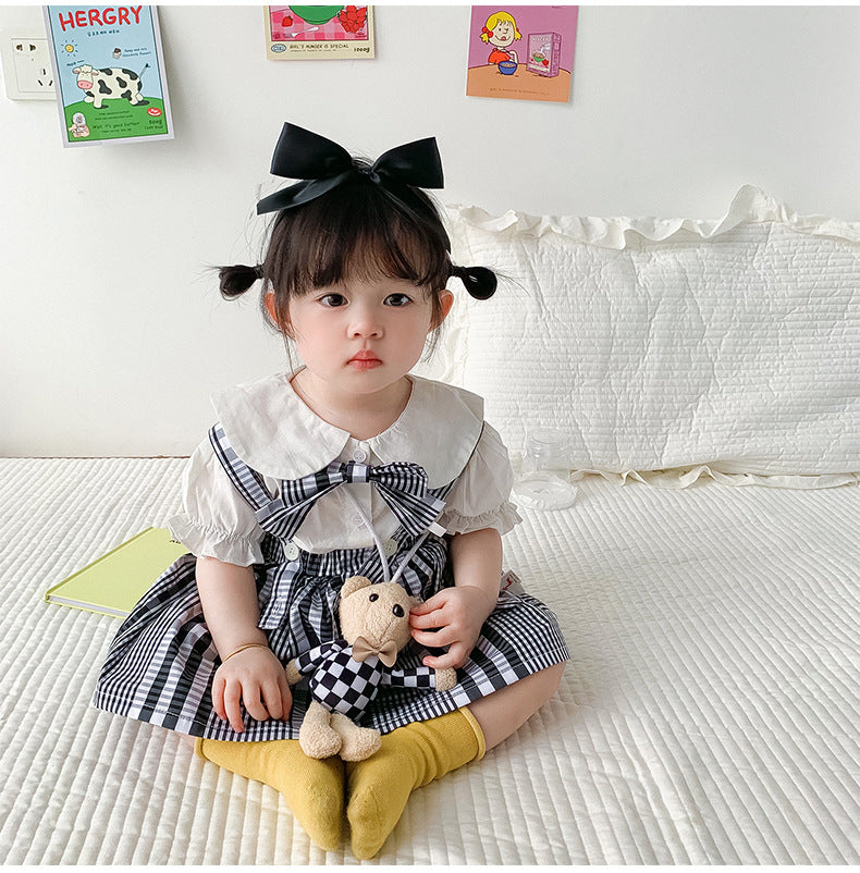 2 Pieces Set Baby Unisex Solid Color Bow Shirts And Checked Rompers Wholesale 230321253