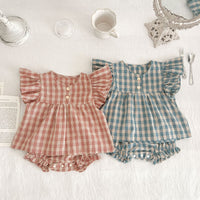 Load image into Gallery viewer, 2 Pieces Set Baby Girls Checked Tops And Shorts Wholesale 230321320
