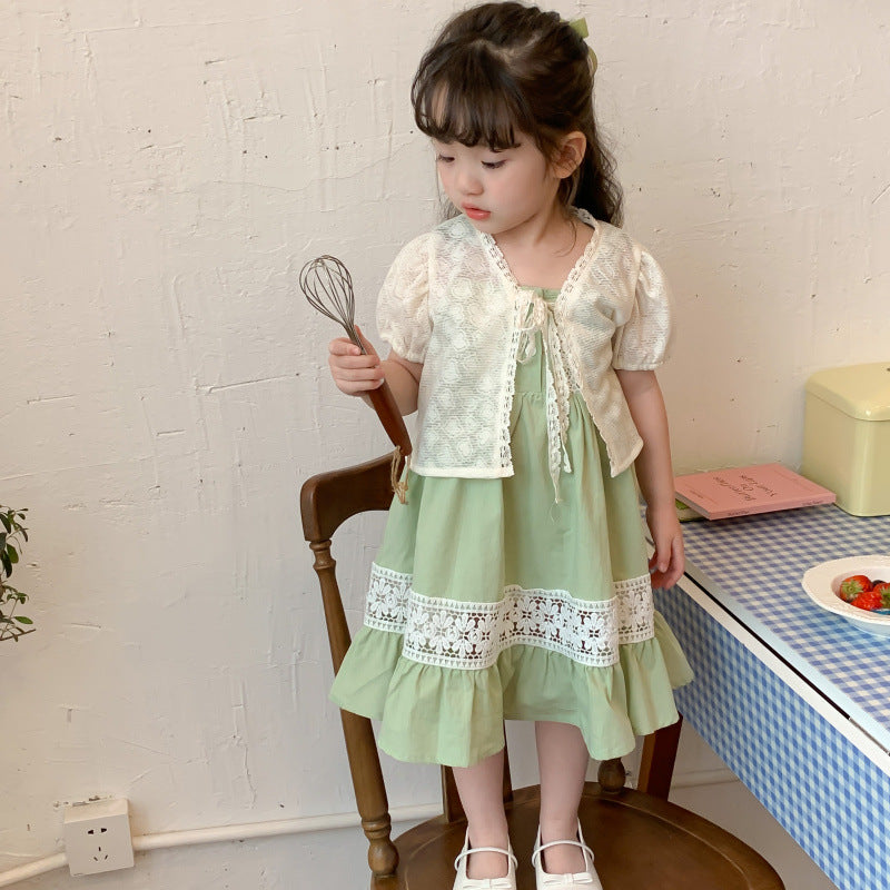 2 Pieces Set Baby Kid Girls Flower Lace Print Tops And Dresses Wholesale 230321333