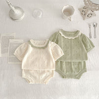 Load image into Gallery viewer, 2 Pieces Set Baby Girls Solid Color Crochet Tops And Shorts Wholesale 230321393
