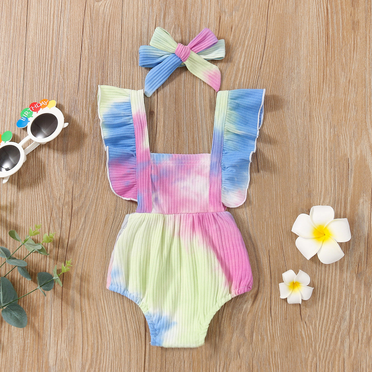Baby Girls Tie Dye Muslin&Ribbed Rompers Wholesale 230323403