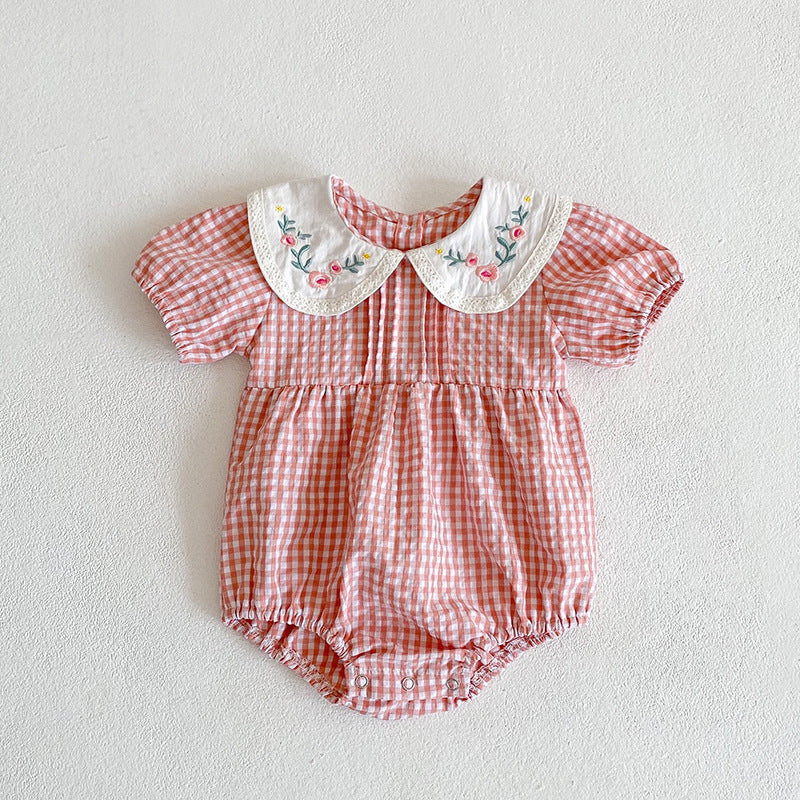 Baby Kid Girls Flower Checked Embroidered Rompers Wholesale 230323409