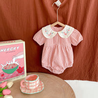 Load image into Gallery viewer, Baby Kid Girls Flower Checked Embroidered Rompers Wholesale 230323409
