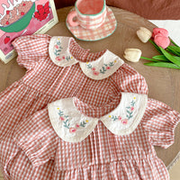 Load image into Gallery viewer, Baby Kid Girls Flower Checked Embroidered Rompers Wholesale 230323409
