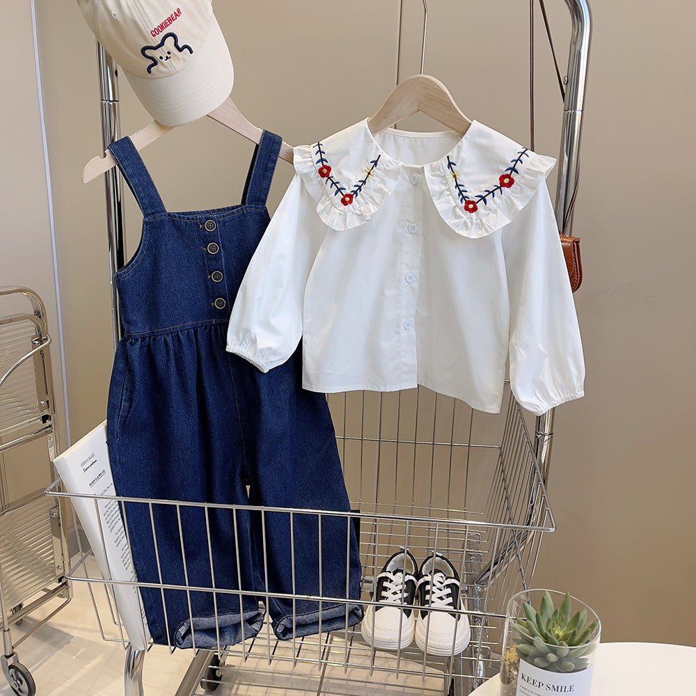 2 Pieces Set Baby Kid Girls Flower Embroidered Tops And Solid Color Jumpsuits Wholesale 230323503