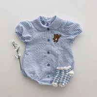 Load image into Gallery viewer, Baby Girls Checked Cartoon Print Rompers Wholesale 230326293
