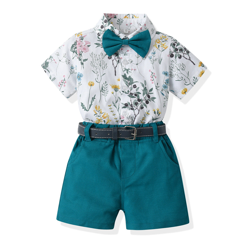 2 Pieces Set Baby Kid Boys Flower Bow Print Shirts And Solid Color Shorts Wholesale 230326298