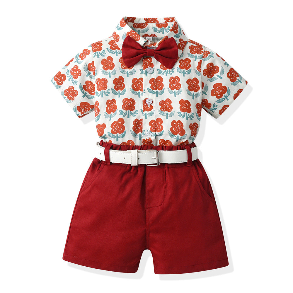 2 Pieces Set Baby Kid Boys Flower Bow Print Shirts And Solid Color Shorts Wholesale 230326360