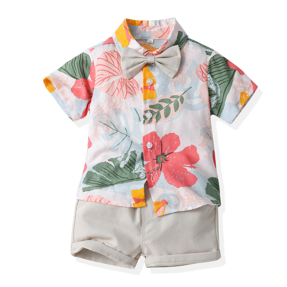 2 Pieces Set Baby Kid Boys Plant Print Shirts And Solid Color Shorts Wholesale 230326380