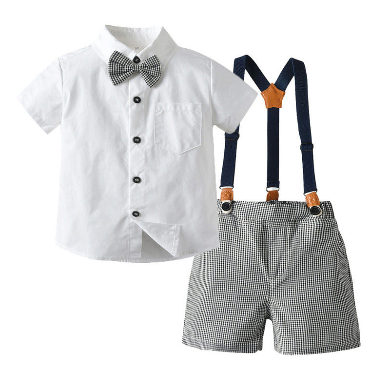 2 Pieces Set Baby Kid Boys Dressy Solid Color Bow Shirts And Checked Rompers Wholesale 230326386